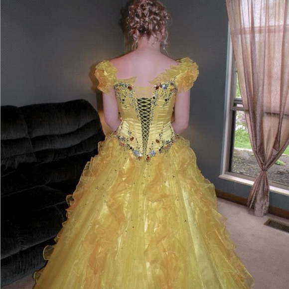 Uniquely Yours,Yellow Embellished Ballgown Prom Dress, corset back & OTS detail - Picture 6 of 8